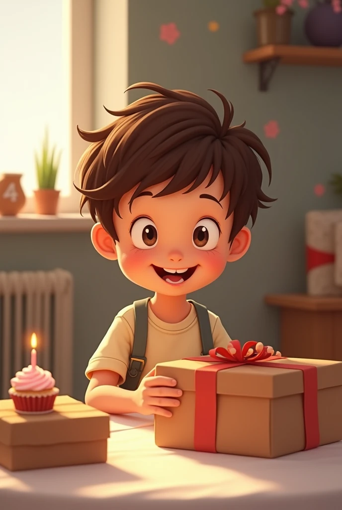 Cartoon of poor boy with brown hair thankful for his gifts at his birthday party