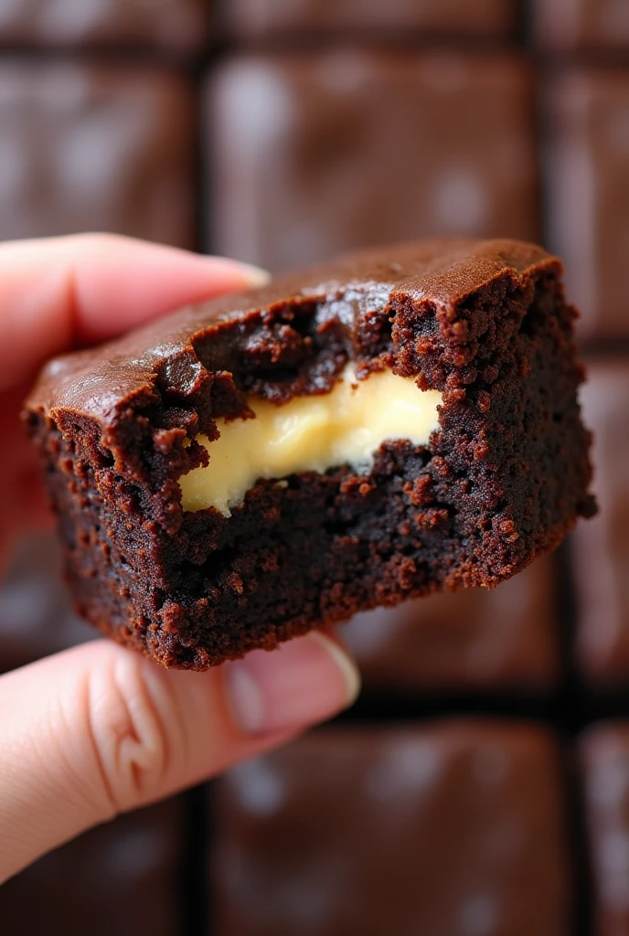 A chocolate brownie with a crispy crust, shiny with a creamy and light cream in the middle of the brownie as if it were in the shape of a sandwich. In the 360 degree view being held with one hand and containing a small bite further emphasizing the cream in the middle being a thinner layer of the brownie and filling, crispy and shiny top crust. Background image as if it were a large production of brownies