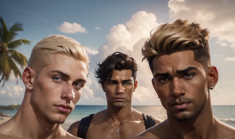 [((highly detailed, detailed eyes, detailed face, clear and realistic facial features, photorealistic, realistic light, cinematic)), ((((3 men, each man looks unique, each man has a different natural hair color and different facial features and skin color)))), (((sexy male college-age jocks standing on the beach and looking angry or frustrated))), ((wearing casual clothes)), ((beautiful deserted tropical island with a storm in background))]