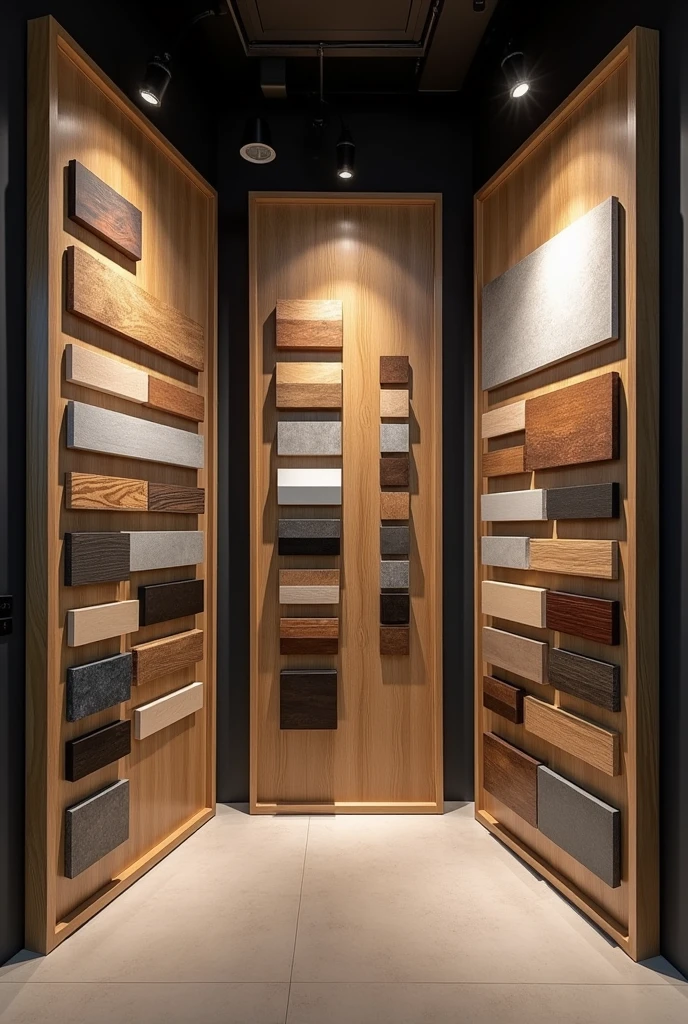 Small Accessories and Sales Materials Exhibition Area:
Sample Displays: Vertical panels or shelves of tempered glass that display samples of the different materials (types of wood, epoxy resin in various colors and finishes, metals) used in furniture. These samples allow the customer to touch and feel the materials, reinforcing the perception of quality and customization.