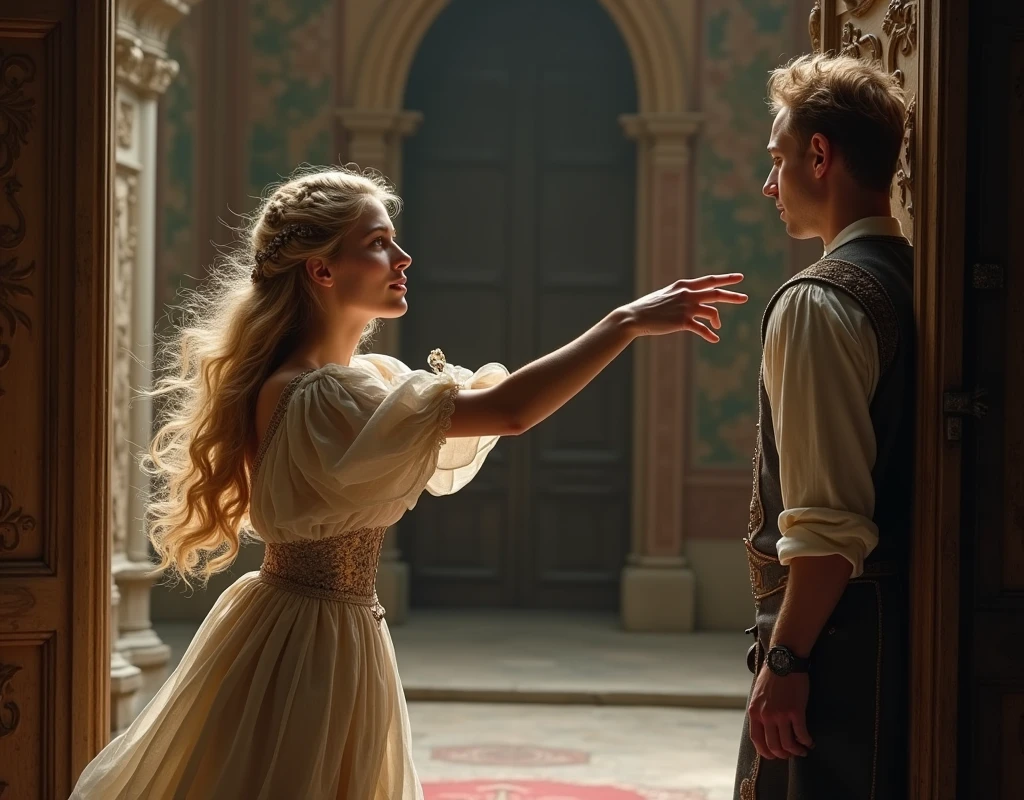 (photorealism:1.2), medieval blonde woman inside a castle, throwing a pebble from very far , to a man leaning on a door