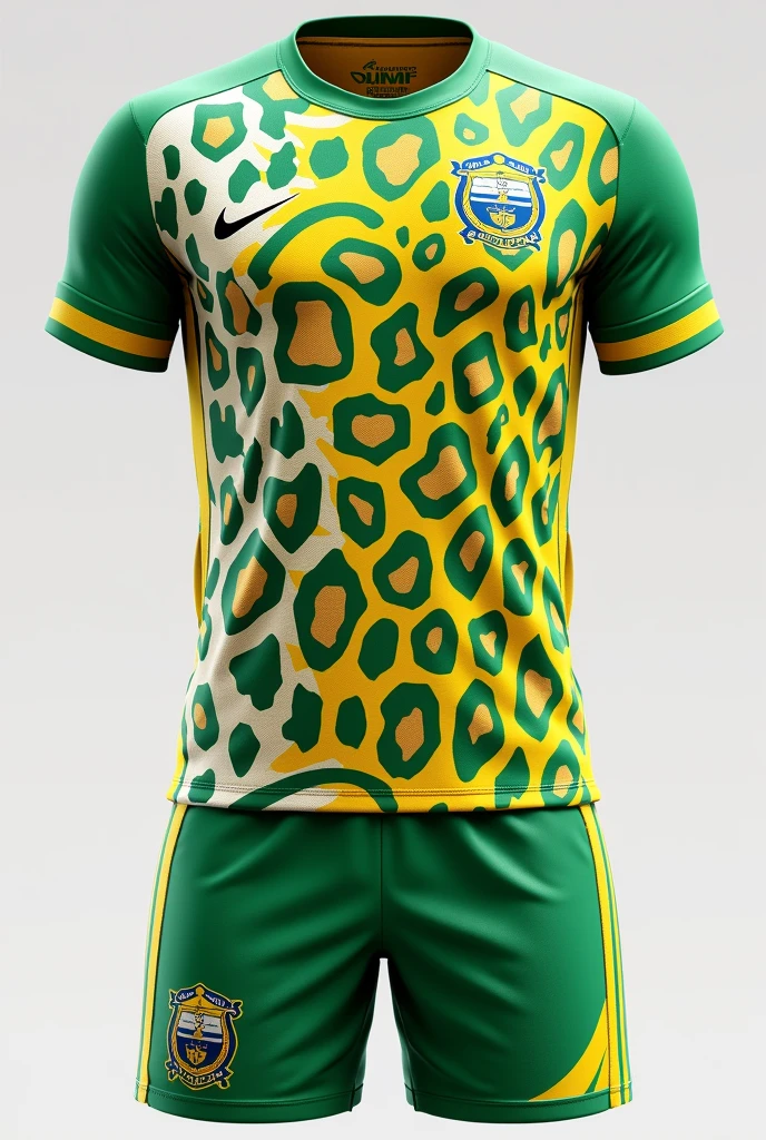 Men's sports uniform, indoor soccer, based on the colors white , yellow and green, related to the history of Ecuador, with a leopard-style design