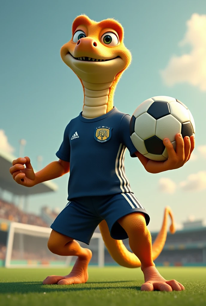 An animated Naja snake with a cunning look like a warrior is standing in a dynamic pose like a football player. He holds a soccer ball. He is wearing a dark navy blue sports shirt with white vertical stripes., similar to football shirts. The background of the image is simple, or it could represent a football field. The scene conveys energy and fun, with the elephant showing enthusiasm for the game.