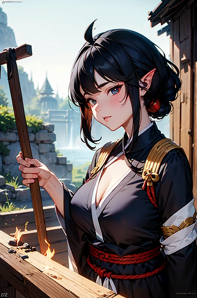 a close up of a blacksmith woman with black hair and a ((Oni mask)), beautiful character painting, ((Blacksmith)), guweiz, artwork in the style of guweiz, black haired deity, by Yang J, epic exquisite character art, stunning character art, by Fan Qi, by Wuzhun Shifan, guweiz on pixiv artstation, ((Black eyes))