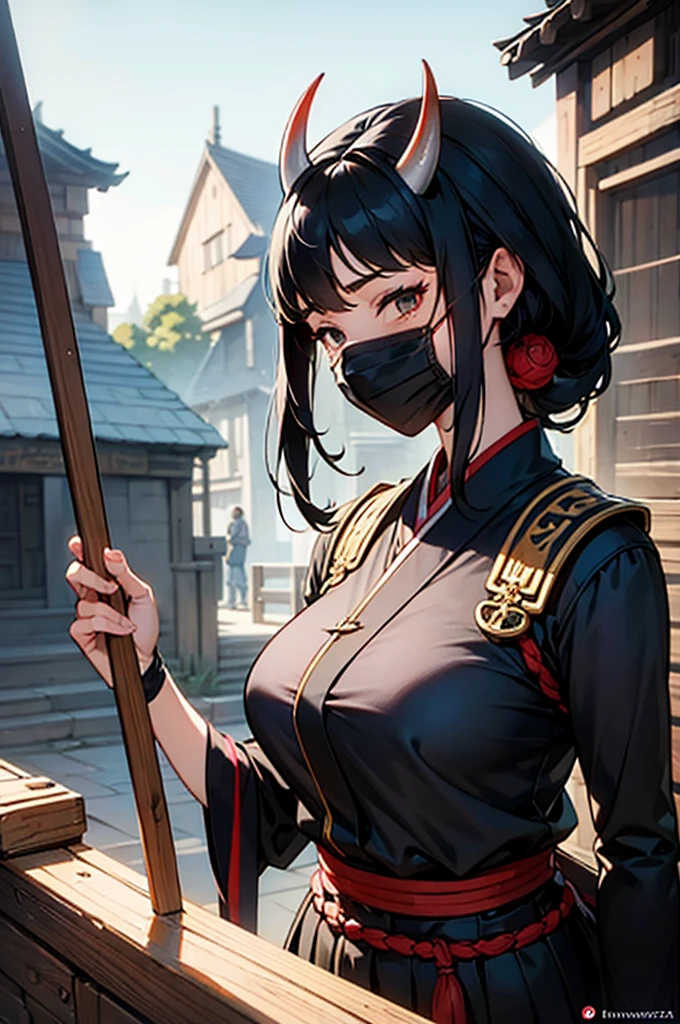 a close up of a blacksmith woman with black hair and a ((Oni mask)), beautiful character painting, ((Blacksmith)), guweiz, artwork in the style of guweiz, black haired deity, by Yang J, epic exquisite character art, stunning character art, by Fan Qi, by Wuzhun Shifan, guweiz on pixiv artstation, ((Black eyes))