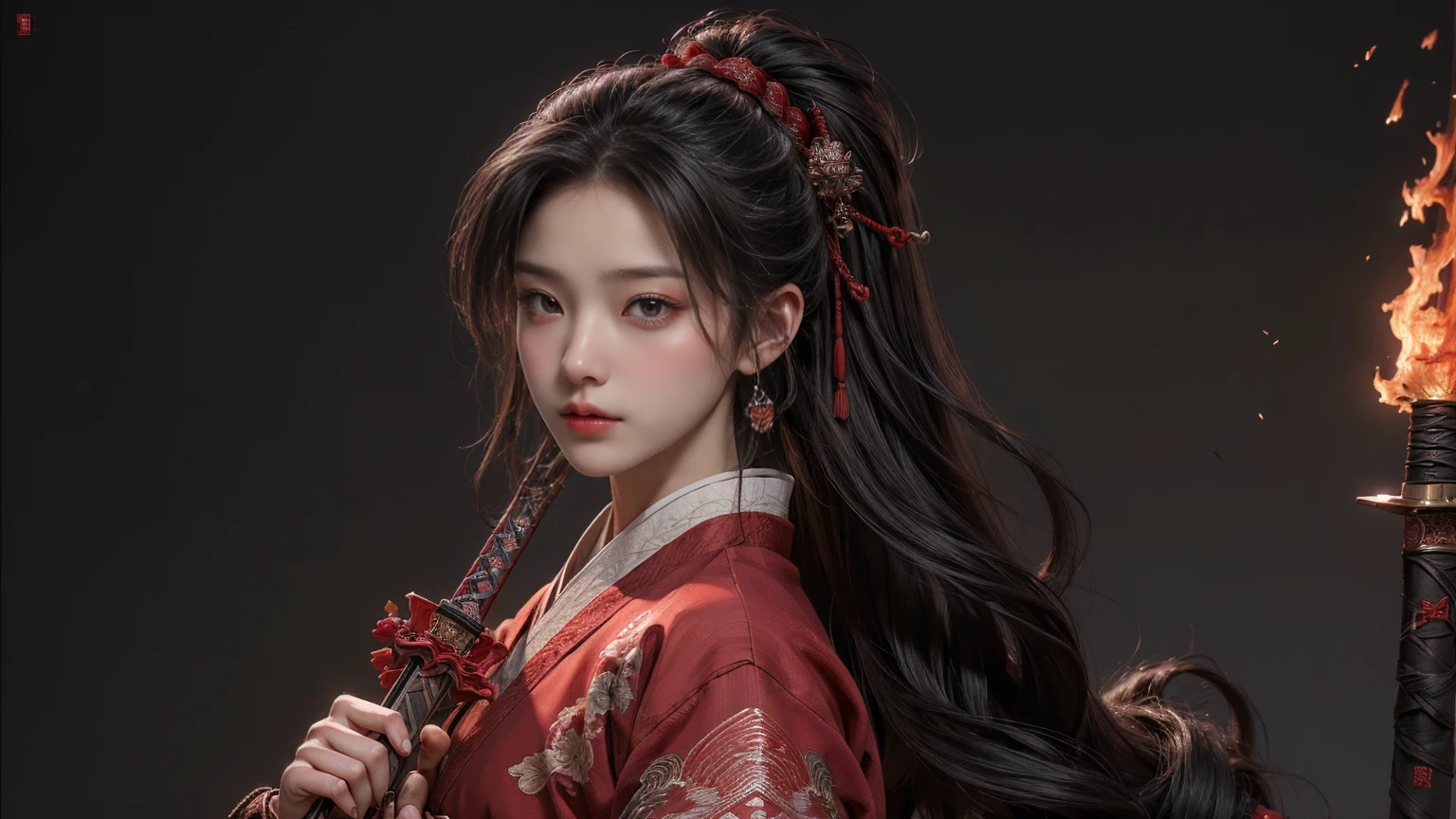 ((masterpiece, Top quality, high resolution, Reality, Raw, 8k wallpaper)), Hanfu female soldiers, Heroes of the Three Kingdoms, (hands holding sword), She has long black hair tied back, Wearing armor,Wearing a red official hat, Enemies all around,In the background is a burning city,