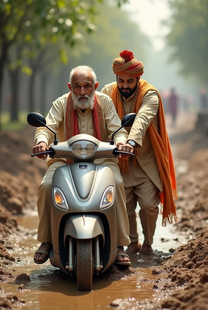 Ek uncle hai jinka scooter kichad mein fas Gaya hai unki help ladka Karta hai piche se vah dhakka de raha hai jismein shaadi ki sherwani pahani hai aur sar per sehra lagaya hai back images