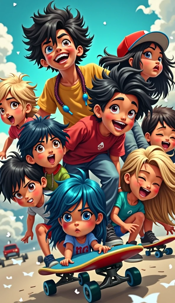 goodnight , You can create a Family Cover with the words Family Firmness to put on YouTube for a Rap song , with young people riding Masterpiece Skateboards, damaged, high qualiy, High details, longye hair, Bblack hair, hair blonde, hair blue, breastsout, hoop earings, laughter, gaping mouth, cloused mouth, language, teeths, language para fora, After image, Tachi-e, hair tie, hair ribbon, hair ornament, hood down, sunglasses, Peaked cap, motion lines, sheen, defocused, film grain, Diffracted rays, Action Painting, impressionalism, diversidade,