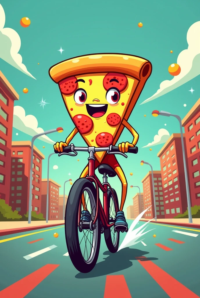 Pizza riding a fixie bike cartoons design