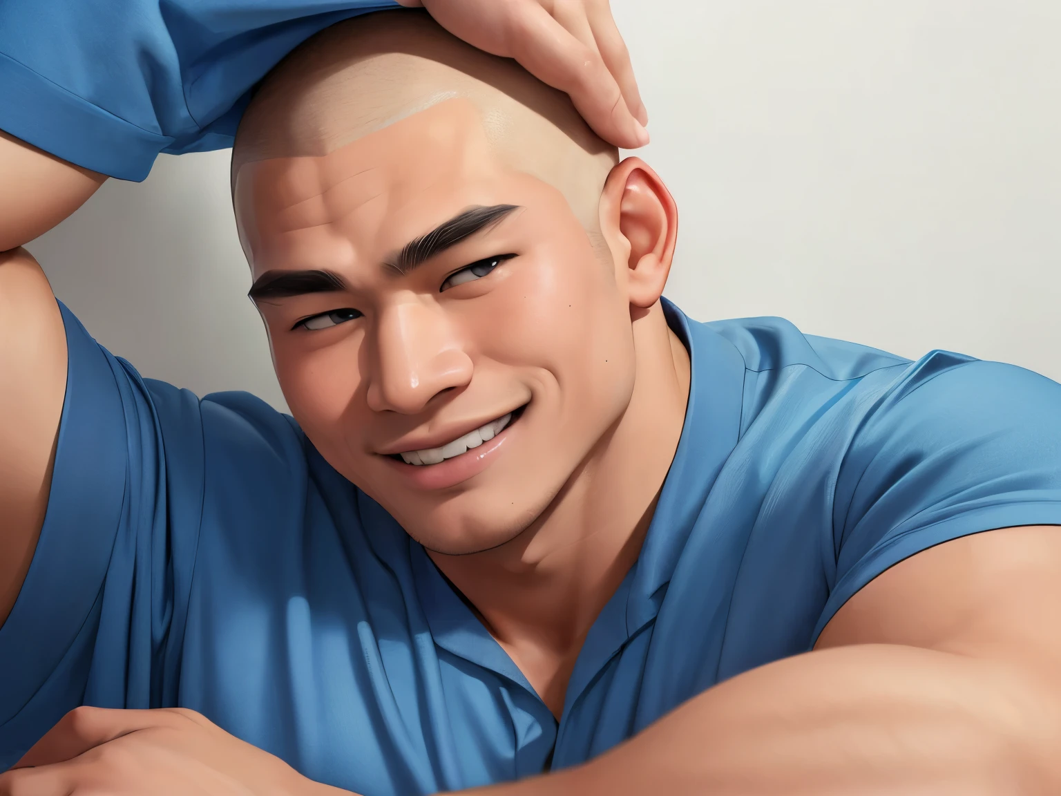 (Highest quality:1.5), (masterpiece:1.5), (8k:1.5), 1 man, shoot from front, close-up face, (White wall:1.1), 20-year-old, shaved head, (Huge body:1.2), Macho, (Asian people:1.1), Wearing plain blue pajamas, smile, Scratching your head