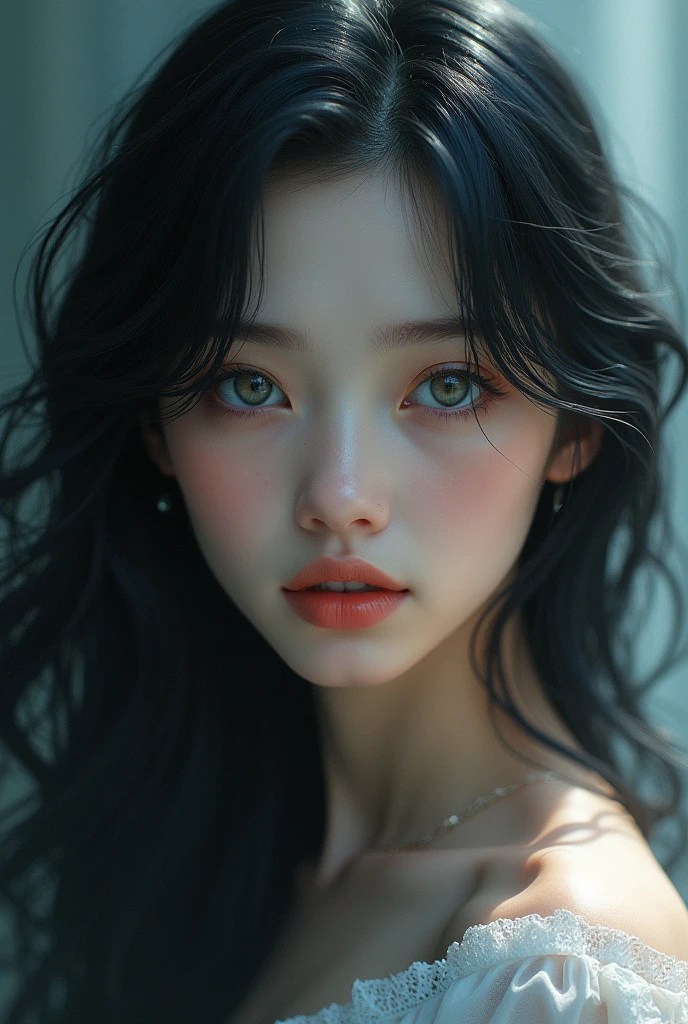 girl, raven hair, silver eyes, clear skin