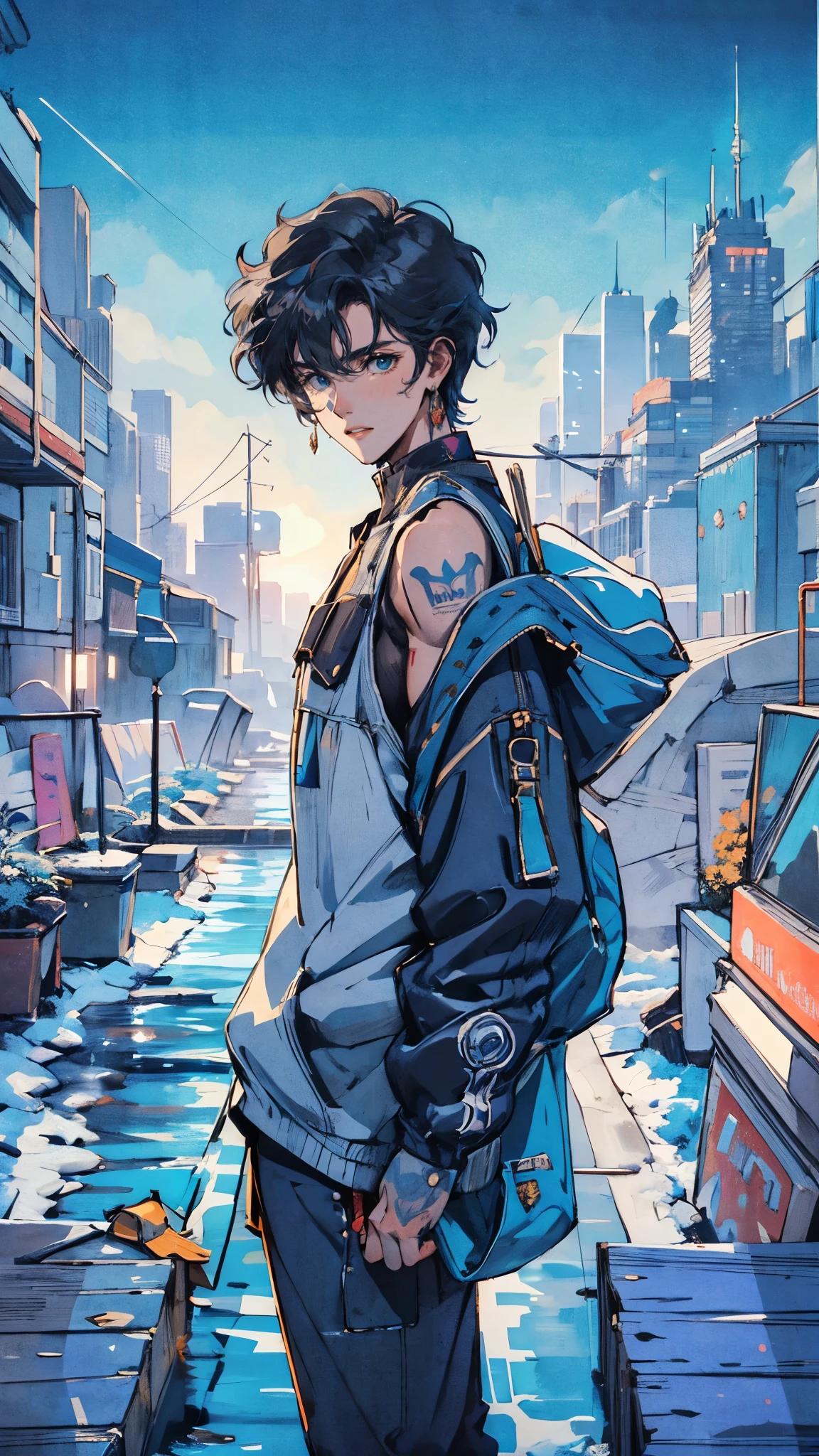 (high quality), (masterpiece), (detailed), 8K, (Teenage boy with dark blue hair1.3) stands in center of (sprawling cyberpunk metropolis1.3), surrounded by (towering neon-lit skyscrapers1.2). Background features (tranquil rooftop garden1.3) high above city, where (soft ambient lighting1.2) enhances peaceful, serene atmosphere. (high quality), (masterpiece), (detailed), 8K, Anime style character with (cool and edgy tattoos1.3), dressed in (fashionable clothing1.2), posing confidently. Expression fierce, stylish accessory coiled around arm. Thicker outlines emphasize striking, modern fashion, vibrant palette enhances scene.