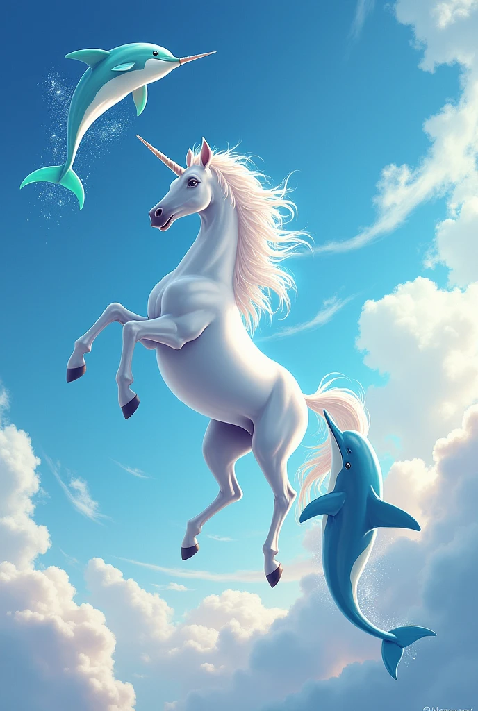 Draw a unicorn with a dolphin dancing in a sky