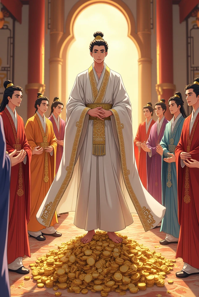 A playful and stylish young man with a smile on his face., Wearing a white ancient Chinese costume with gold trim, resembling a deity. He is the head of a large and very wealthy cult.. He stood at the front and was surrounded by young male disciples.. Many of his disciples also wore ancient Chinese clothing in various colors.. colorful, Looks luxurious. He sits on a pile of gold and silver. Behind him is a large office. Anime, young man, not old, Chinese anime.