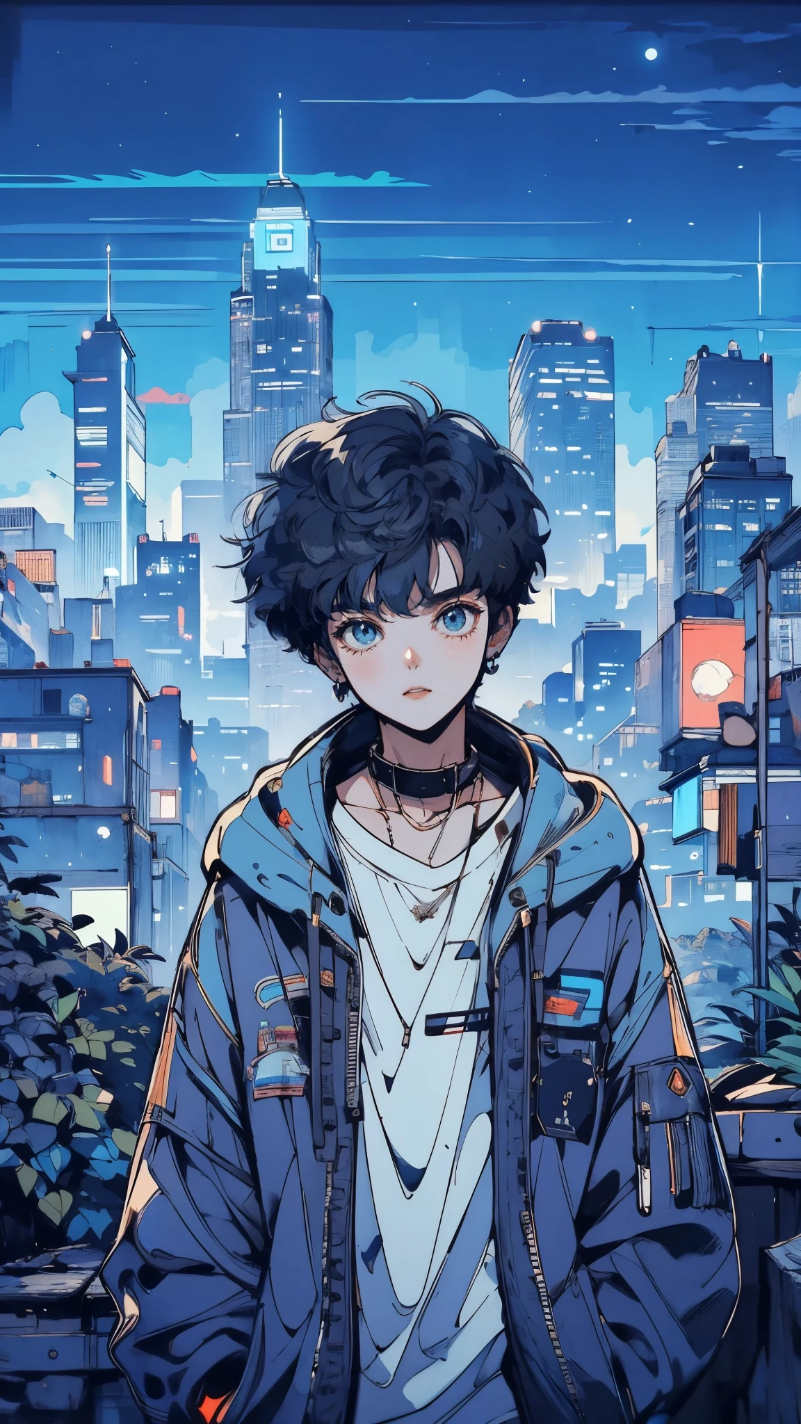 (high quality), (masterpiece), (detailed), 8K, (Teenage boy with dark blue hair1.3) stands in center of (sprawling cyberpunk metropolis1.3), surrounded by (towering neon-lit skyscrapers1.2). Background features (tranquil rooftop garden1.3) high above city, where (soft ambient lighting1.2) enhances peaceful, serene atmosphere. (high quality), (masterpiece), (detailed), 8K, Anime style character with (cool and edgy tattoos1.3), dressed in (fashionable clothing1.2), posing confidently. Expression fierce, stylish accessory coiled around arm. Thicker outlines emphasize striking, modern fashion, vibrant palette enhances scene.