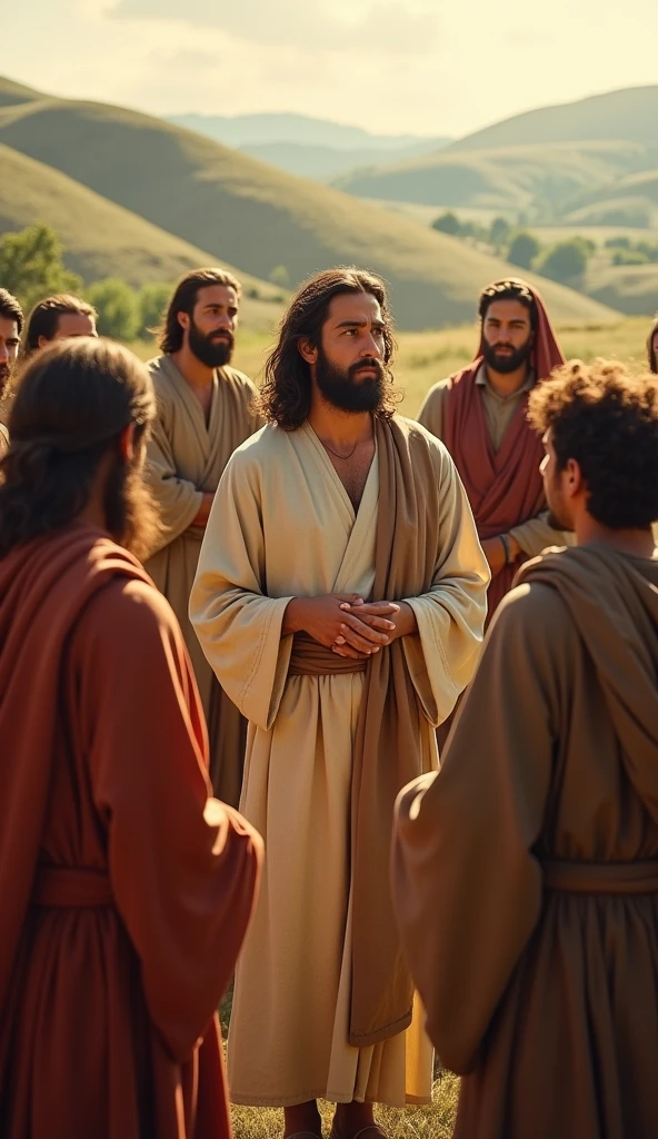 "Jesus with His disciples, wearing humble robes, 1st century, instructing them on preaching and performing miracles, the twelve men listening intently, in a peaceful countryside, with distant hills in the background, hyper-realistic, photo realism, cinematography -- ar 9:16"
