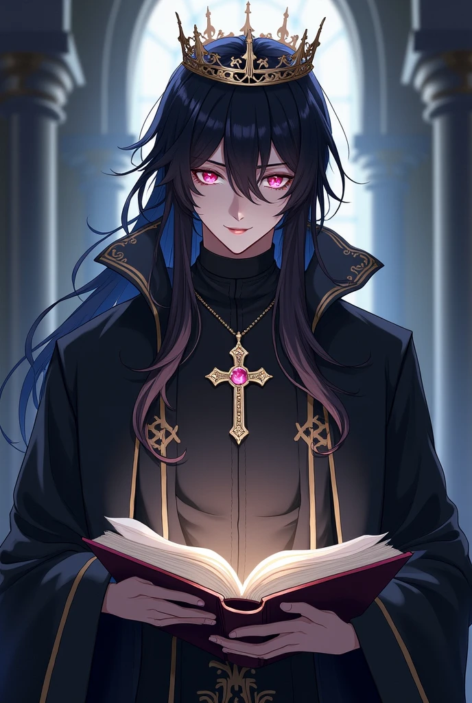 Young man in dark robe, priest, cross necklace, long black hair and pink eyes with crown on head anime style reading book