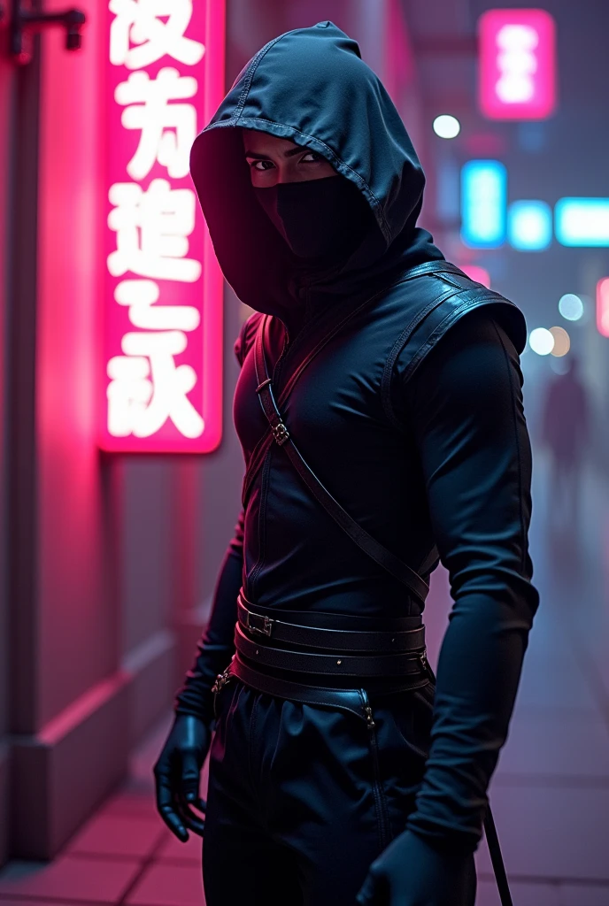 Draw a Ninja with some neon lights in the background that says "Knight Crusader"