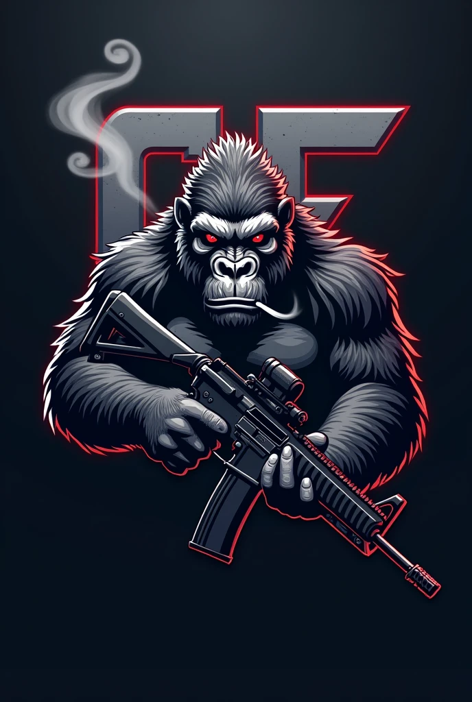 CREATE AN E-SPORTS TEAM LOGO WITH A GORILLA SMOKING AND HOLDING A RIFLE IN THE LOGO AND PLACE IT "CF" FEATURED IN THE LOGO, WITH THE FLAG OF JAMAICA