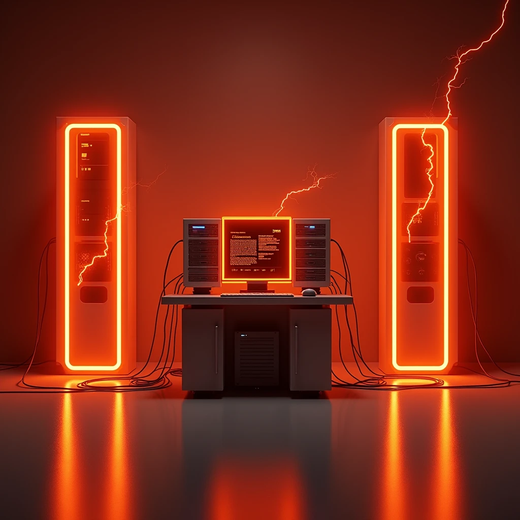 A machine power running workstation,There are disk arrays and fiber optic machines on the workstation,There is also a firewall,The machine emits orange-red light.,There are two technological light curtains next to it.,And some wires,Add red electricity element,Need a fantasy sci-fi future style,The periphery of the screen is flashing orange-red light,More sci-fi,More dreamy,The background is clean brown-red and not cold-toned,Clean background,Don't have too much stuff,To separate the cube,Don't feel depth