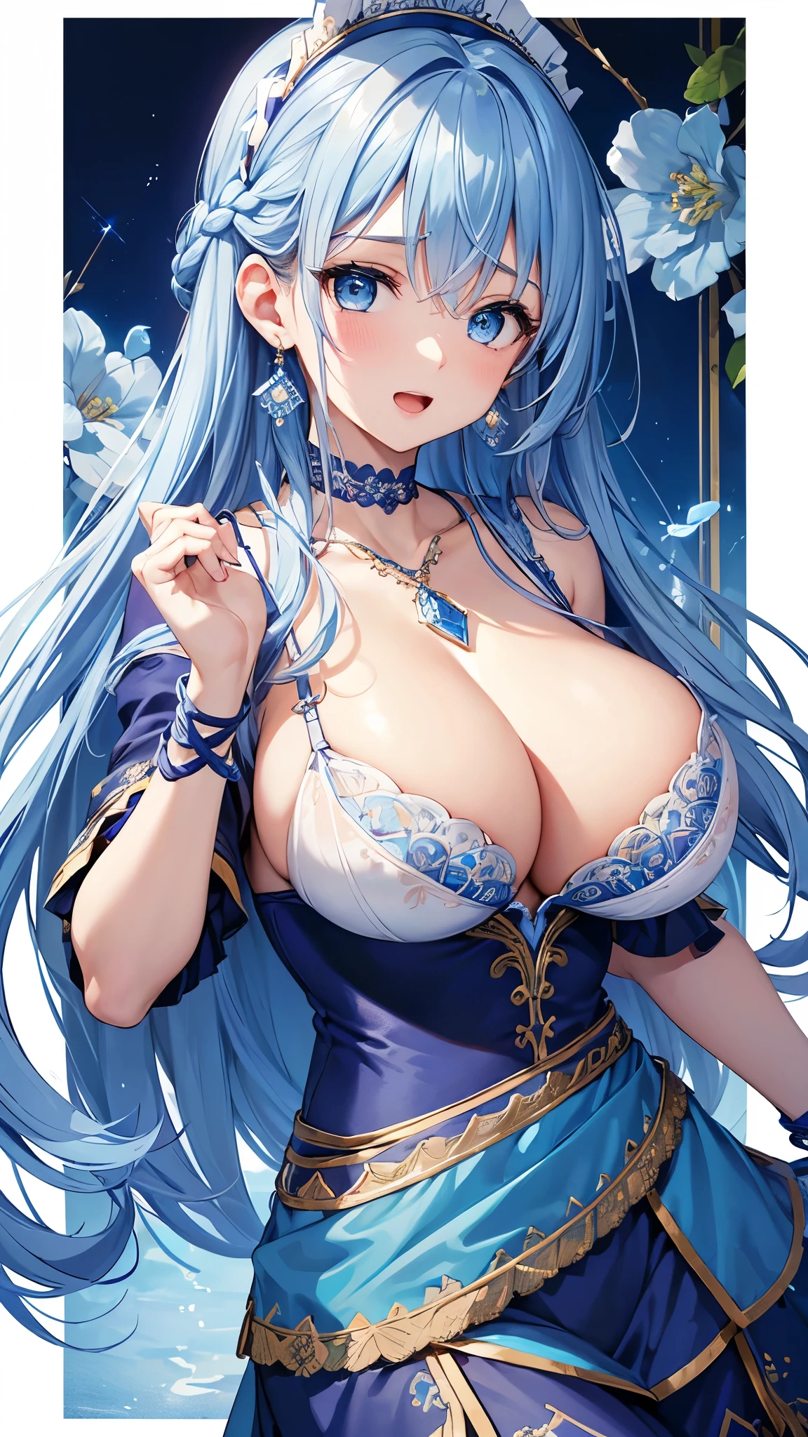 Highest quality、Highest quality、masterpiece、(8k resolution),beauty(Age 25)、(Mature Appearance)、Long Hair(Braiding of sides)、blue eyes、(Intricately embroidered underwear、bra)、Big cleavage、((Super big breasts))、Excited expression、blue necklace、Blue Earrings、background(flower)、Please open your mouth wide、Dynamic pose、Blue choker、