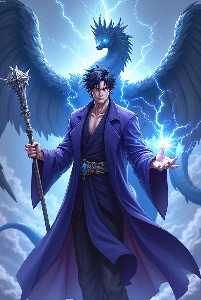 Anime, homme 30 ans, cheveux noirs, des éclairs sortent de ses yeux, air stict, vêtu d'une robe de magicien violette, a un bâton métallique sur lequel vient frapper la foudre. Derrière lui un serpent â plumes ailés dégage des arcs électriquues par toutes ses plumes. Le corps du magicien est parcouru lui aussi d'arcs électriques