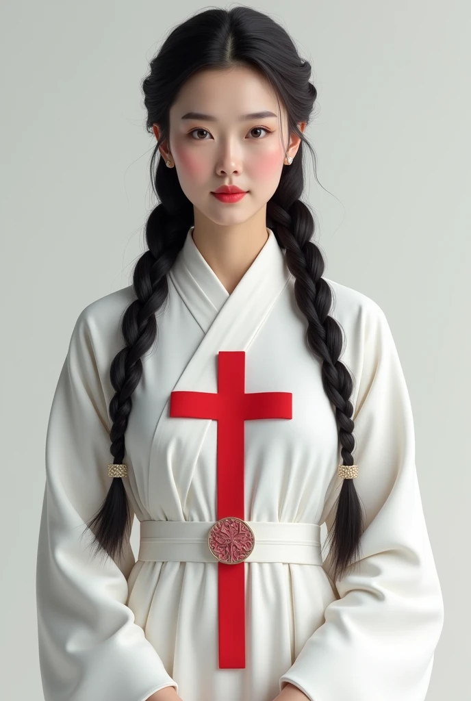 Asian woman,  braided hair with a white robe with a red cross