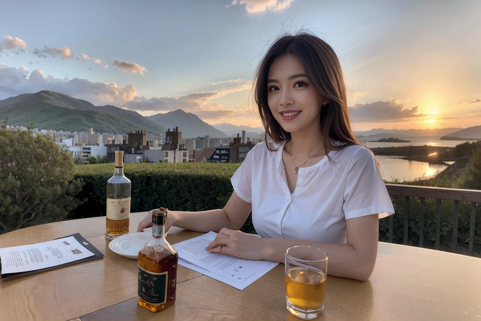 ((Highest quality、8k、masterpiece:1.3))、Whiskey bottles、The Macallan、Joni Black、Old Parr、whiskey、Suntory、Nikka、Slim Couple、modelカップル、(Realistic, Intricate details:1.2), full-course dinner、Whiskey bottle and glass on the table、Single Malt、scotch、Rocks glass、Shot Glass、On the rock、Scotland、Amazing view of the sunset sky and clouds、A bright smile、Short sleeve shirt、dress、 (Age 44), 3,Two beauties、Brown Hair、Shortcuts、 actress, model, Upper Body,