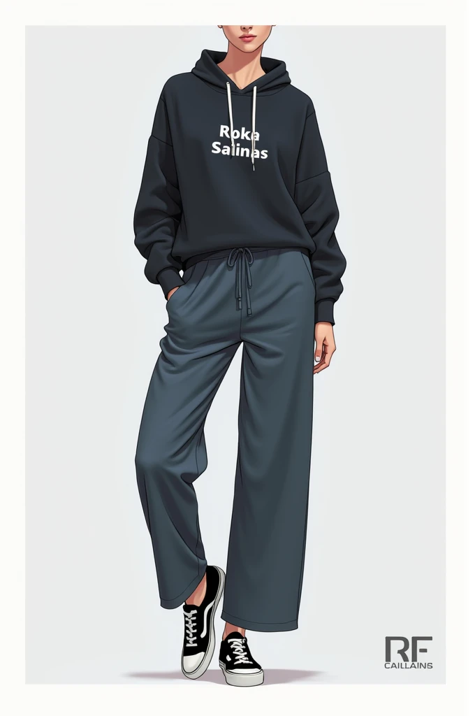 Can you create a pants and sweater design for me?, that it is a very casual and pretty design, but also elegant, I want it in blue, gray or black and for it to say the word ROKA SALINAS, I don&#39;t want any more images or text 