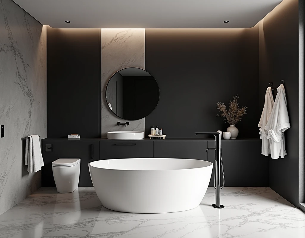 A modern apartment. bathroom design. Wide room. There is a big bathtub. There is a shower. There is a toilet. There is a sink. There are bath robe hanging on the wall. Interior design. Modern black and white interior. No big window.