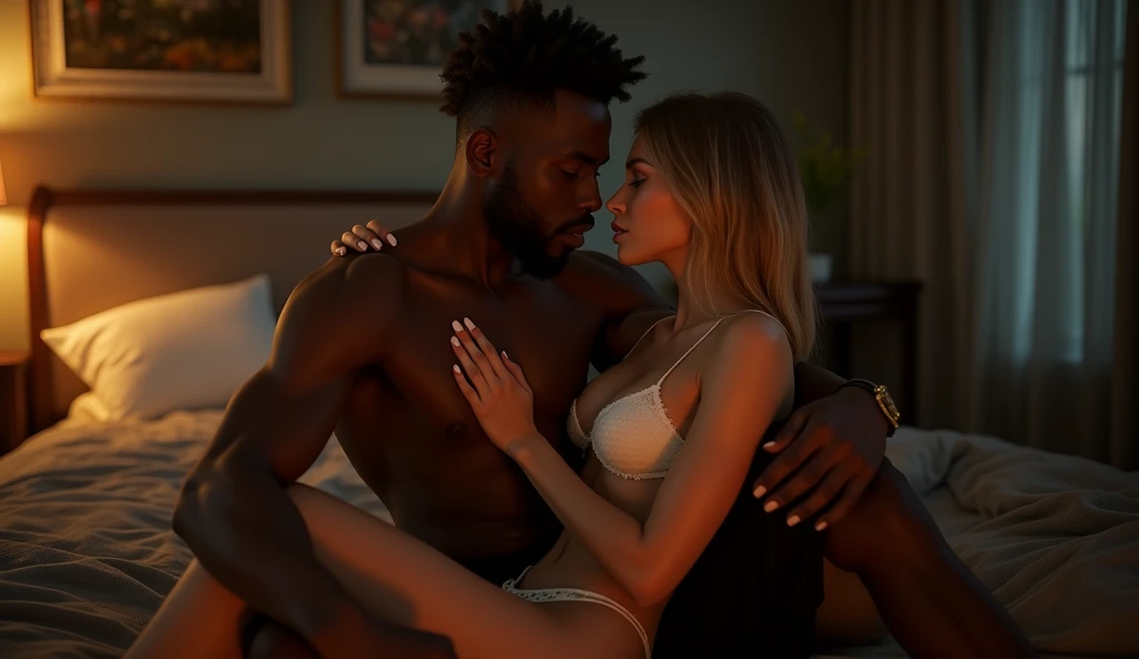 (Photorealsitic:1.4), (masterpiece:1.3), (top-quality:1.4), ((ultrarealistic)), HD 8k, (Sharp focus: 1.2), (Focus on the face:1.4), well proportioned full body of  
Beth (innocent  shy sexy blonde woman 28 years 1.6 m height) and 
Jackson ( big muscular black man 38 years  1.90 m height), 
Beth with innocent expression, (extremely beautiful: 1.2), amazing beautiful, extraordinary beautiful, Detailed cute femenine and beautiful face, Detailed facial features , Anatomically correct, Highly detailed face and skin texture, Natural Cheeks, subttle Glowing white skin, Fair skin: 1.3, (Glossy Lips: 1.4), (light blonde very short straight silky hainer hair bob style:1.2 ), glowing beautiful bright clear light blue big naive eyes, double eyelids, fine little sensual nose, femenine little mouth with big full red pucky lips, thin chin, freckles, narrow long neck, femenine narrow shoulders, long eyelashes, elegant lady, subtle makeup, extremely sexy muscular tonned legs, extremely nice perky ass, narrow waist, defined and tonned belly, sexy hips, full Lush bust, detailed eyes and face,
Jackson is a dangerous man, handsome and extremely masculine, (strong and muscular legs chest and arms: 1.2), wide shoulders, powerful jaw, (black bald man), (without beard: 1.1), (big bulge in crotch: 1.1), 
(Beth is wearing a  transparent blouse and a long transparent skirt: 1.4), 
(Jackson is wearing white short cotton thong: 1.2), chest and back exposed showing his muscles,the shape of his penis is visible through the thong,
(intimate night bedroom ), 
alternative vibe, intimate lighting, high contrast, dramatic shadows, highly detailed, detailed skin, depth of field, dynamic angle, 
 Jackson sitting on sofa taking her hips and breast, Beth sitting astride on Jackson's lap  looking at viewer and her hands on his neck,extremely detailed bodies and faces, (extremely explicit of erotic anticipation:1.4), he is much taller than her.
