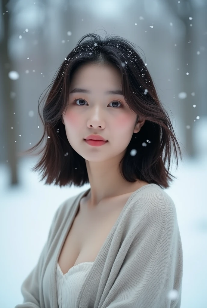 realistic photos of (1 cute Korean star) Shoulder-length hair, thin makeup, medium big breast size, wearing low cut shirt, in the snow, clear facial features, 8K high resolution, sharp and realistic details.from outside, Eye-Level Shot, f/4.0, 135mm, Fujifilm, jpeg artifacts, dithering, UHD, masterpiece