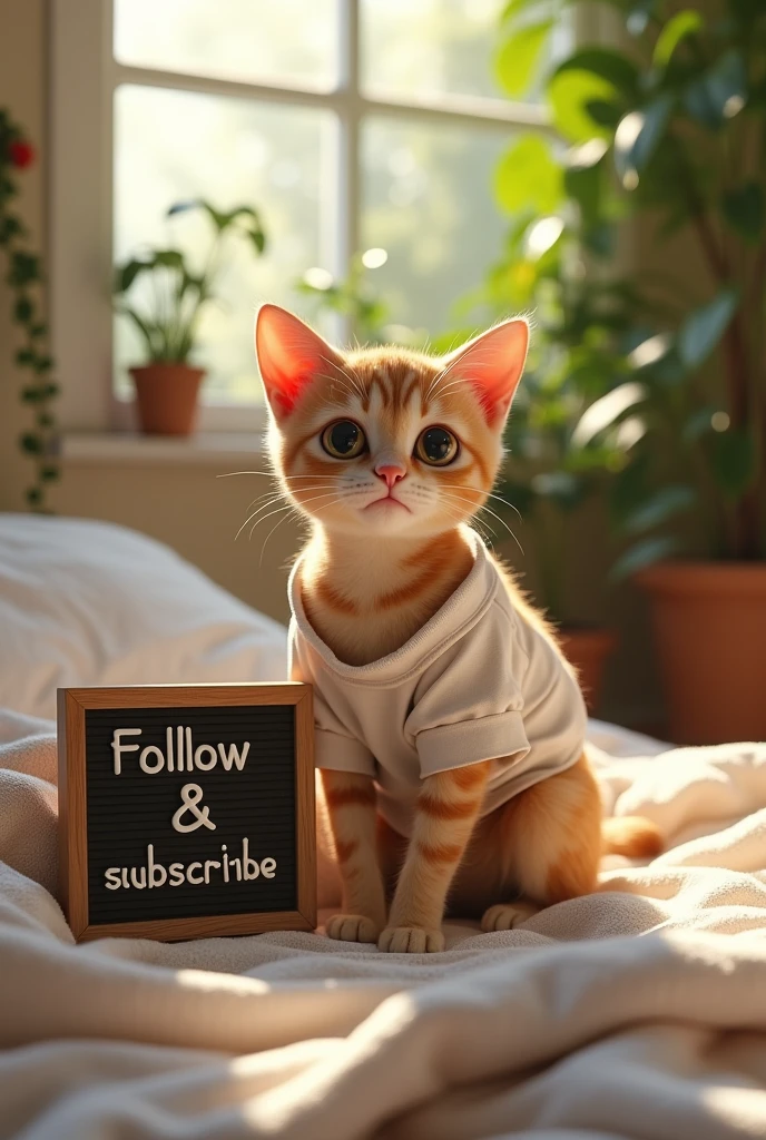 (photorealism:1.2), a ai fit body cute cat and sitting on bed, wearing loose off-shoulder top, pajama pants, indoors, soft lighting, plants in background, window with sunlight, cozy room, relaxed pose, realistic, intricate details, warm colors, and wearing a signboard named "Follow & Subscribe" with clear font like a pallete.