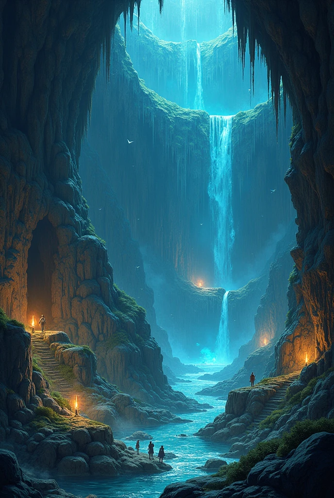 a magic cave, rpg style, fantasy, various types of caves