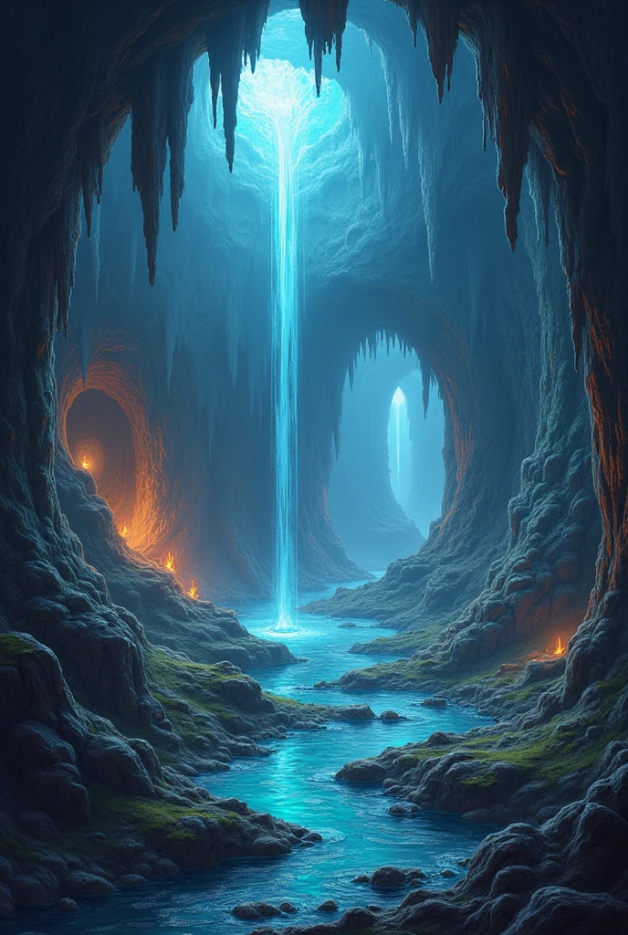 a magic cave, rpg style, fantasy, various types of caves