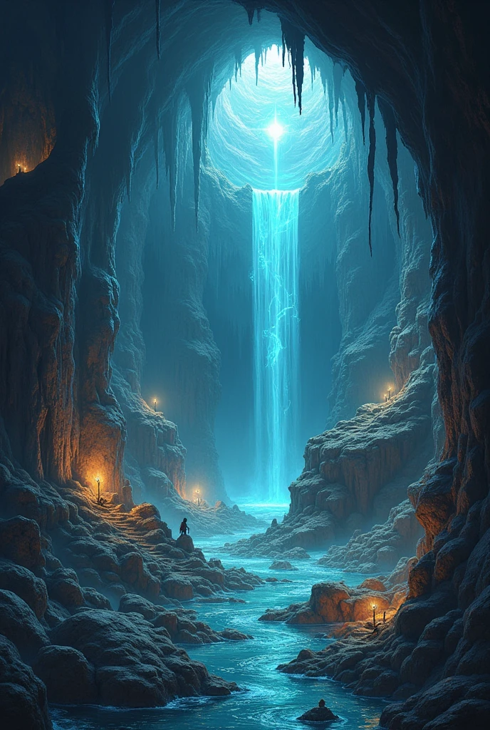 a magic cave, rpg style, fantasy, various types of caves