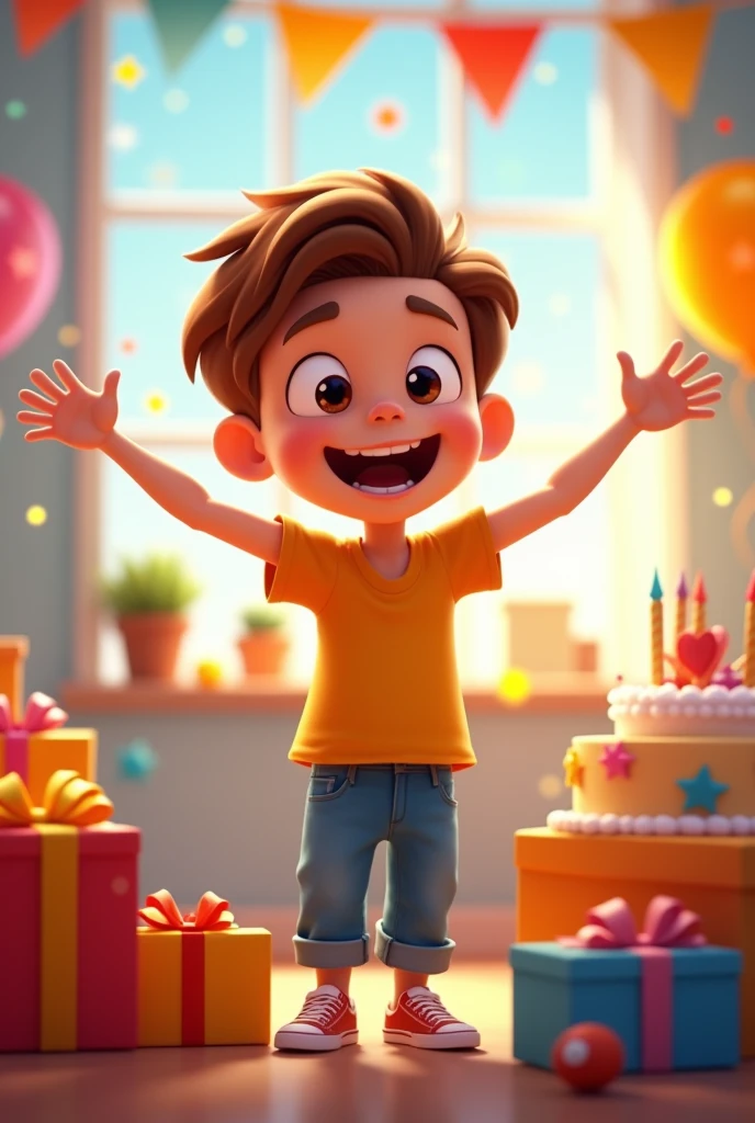 Cartoon of a boy with brown hair being grateful for his gifts at his birthday party
