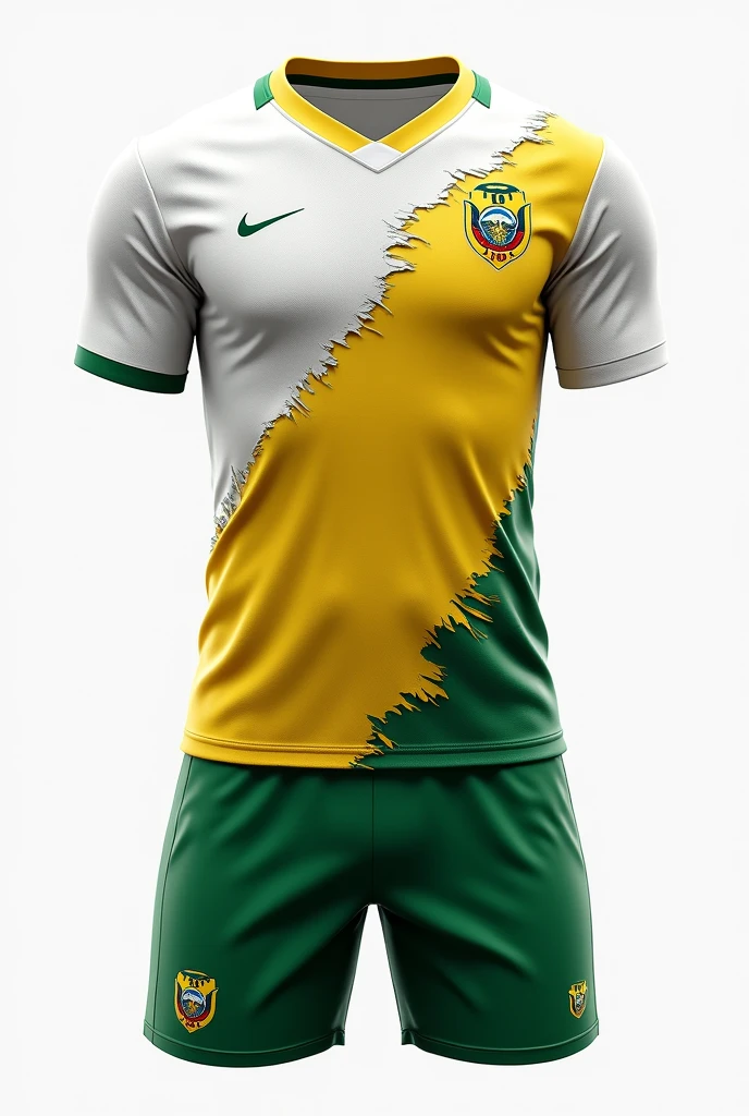 Men's sports uniform, indoor soccer, based on the colors white , yellow and green, related to the history of Ecuador, with a ripped style design