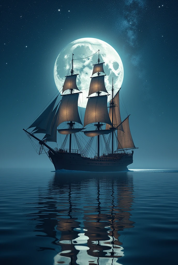 a Three-Masted Ancient Ship on a starry night and a calm sea, the Milky Way and hundreds of stars are visible in the sky, illuminating the sea, a large and detailed round moon shines in the sky, the sea is illuminated by a dim light from the ship, clear focus, intricate, reflection, cinematic. High detail, clarity, very beautiful, ultra hd, realistic, vivid colors, highly detailed, UHD drawing, pen and ink, perfect composition, beautiful detailed intricate insanely detailed octane render trending on artstation, 32k artistic photography, photorealistic concept art, soft natural volumetric cinematic perfect light