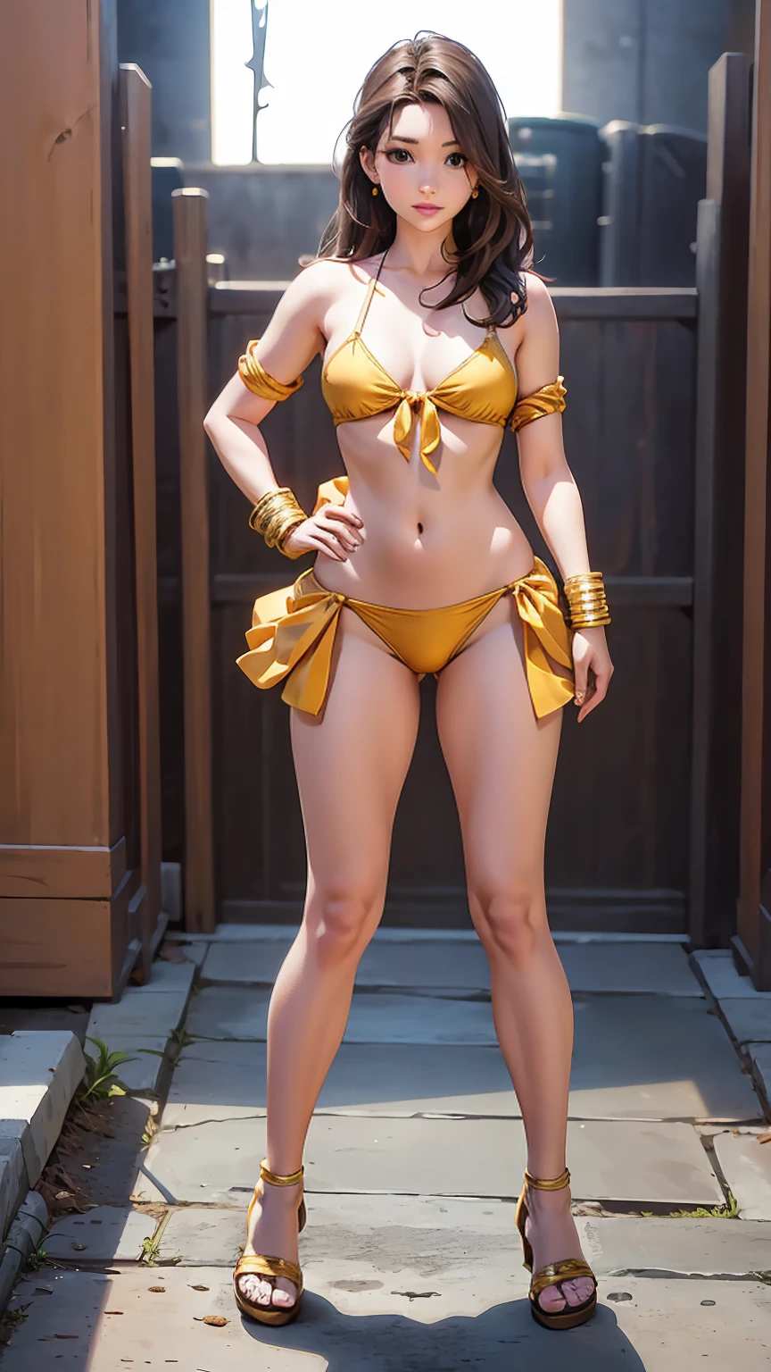 ((photo by full body, standing, Feet on the ground) belle, bikini, gladiator sandals, wrists tied forward,
