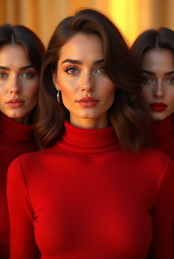 Glamorous photography of a 3 woman, head shot portrait, scarlet turtleneck sweater, golden hour, digital colors, realistic texture, finely detailed