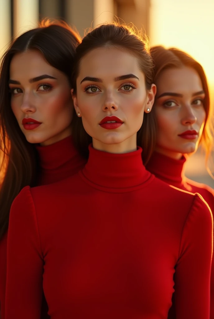 Glamorous photography of a 3 woman, head shot portrait, scarlet turtleneck sweater, golden hour, digital colors, realistic texture, finely detailed