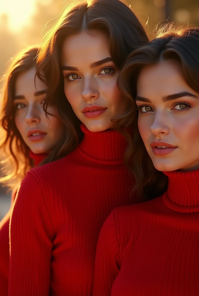 Glamorous photography of a 3 woman, head shot portrait, scarlet turtleneck sweater, golden hour, digital colors, realistic texture, finely detailed