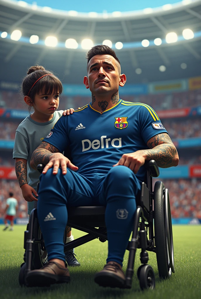 Javier, twenty-five years old, thin body, tattoo on his arms, Blurred image, low resolution, black expanders or piercings in your ears High resolutionpixelated details.
Expressions that don’t match the emotions described (e.g., daughter smiling instead of sad).
Unrealistic proportions, unnatural poses, distorted features.
Inaccurate setting (e.g., not a stadium, wrong colors for the uniform).
Overly dramatic lighting, unnecessary effects that distract from the main scene. sitting in a wheelchair, disabled, soccer team fan with blue uniform, in the background a stadium with people holding his name on banners, while he is dressed with all the accessories of a soccer fan, next to him his daughter, Sara, who is , sad look because she knows that her father is going to die
Facing the camera from the front to tell his story, short hair, enlarged image, clear setting, no animation