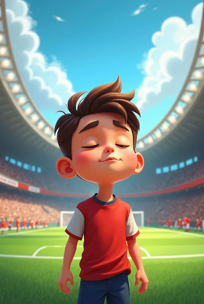 Cartoon of a boy closing his eyes imagining playing in a football stadium