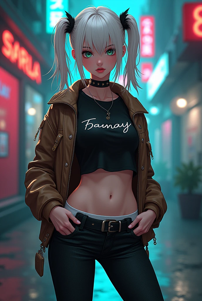 Kizi, pele caucasiana, 20 year, White hair, wearing black jeans, wearing black boots, White T-shirt and her name 'FANY' has written on that, with brown aviator jacket, greeneyes,curved body, cocked ass, medium breasts, cyberpunk atmosphere, Raby, アニメ, sexy pose lowering pants showing white panties, ahegao.Smile,Twintails,