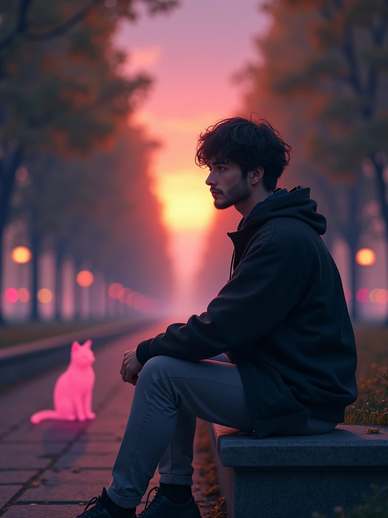 8K ultra-realistic scene in a tranquil park at sunset, A young man with short wavy black hair, light beard, wearing a black jacket , grey pants, sits on a low stone wall, His expression is calm and reflective. The background is a serene park filled with tall trees in full leaf, and the setting sun casts a warm, ethereal glow across the landscape, In the distance, soft, colorful bokeh lights create a magical atmosphere, A faintly glowing pink cat is subtly visible in the background, adding a surreal touch to this epic, realistic scene.