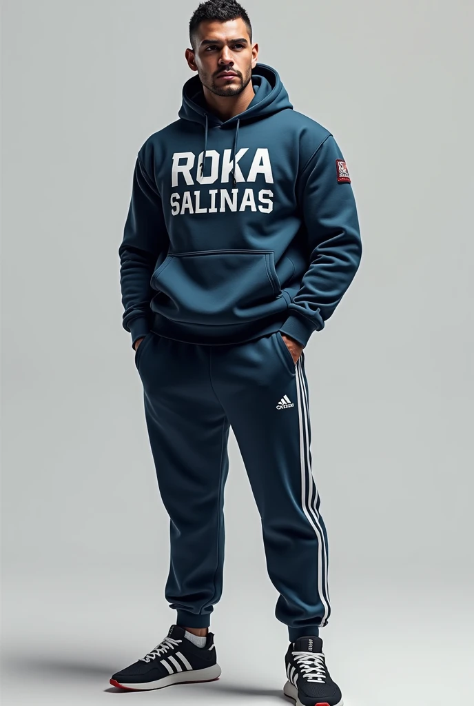 Can you create a pants and sweater design for me?, that it is a very casual and pretty design, but also elegant, I want it in blue, gray or black and for it to say the word ROKA SALINAS, I don't want any more images or text. That one is very ugly., I want it more striking like Canelo Alvarez and Adidas