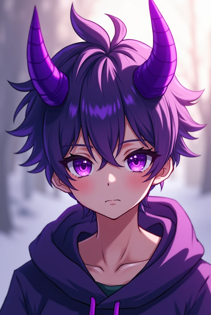 Boy young with purple horns and purple eyes snd puerplr hsirstylr snd style snime biy