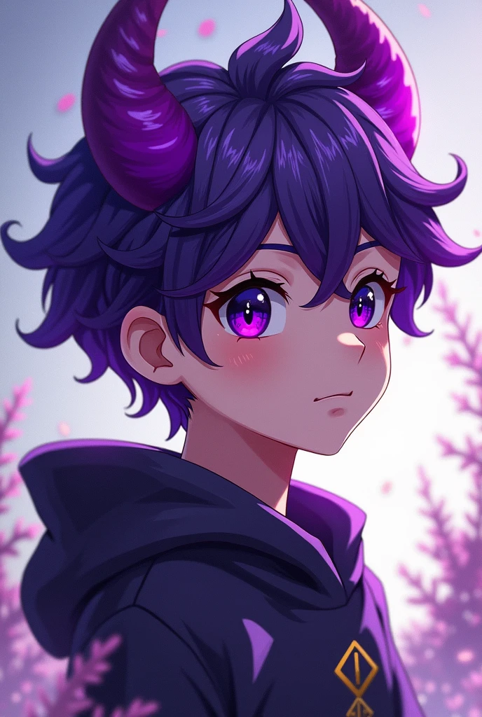 Boy young with purple horns and purple eyes snd puerplr hsirstylr snd style snime biy